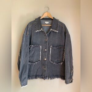 POL black Fringe denim jean Jacket coat distressed boho coastal